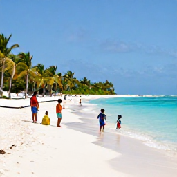 Caribbean Holidays, Dominican Family Holidays, A relaxed family scene on a wide white-sand beach in Punta Cana, Dominican Republic, with children paddling in calm turquoise water and parents under palm trees