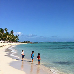 Caribbean Holidays, Dominican Family Holidays, A sunny family beach scene in Punta Cana, Dominican Republic, with children playing beside calm turquoise water and palm trees
