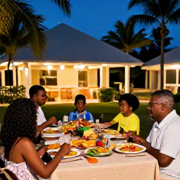 Caribbean Holidays, Dominican Family Holidays, Family enjoying a relaxed Dominican Republic evening meal outdoors, colourful local food, warm lights and tropical resort surroundings