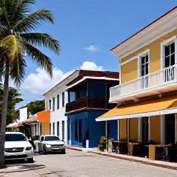 Caribbean Holidays, Dominican Family Holidays, Family exploring a colourful Dominican Republic town with colonial buildings, palm trees and local caf&eacute;s