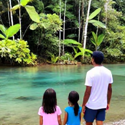 Caribbean Holidays, Dominican Family Holidays, Family exploring a lush Dominican Republic nature reserve with a guide, tropical plants and a clear freshwater lagoon