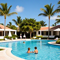 Caribbean Holidays, Dominican Family Holidays, Family-friendly all-inclusive resort in Punta Cana with children playing in a swimming pool and palm trees around the gardens
