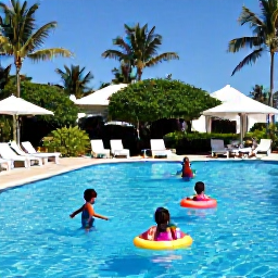 Caribbean Holidays, Dominican Family Holidays, Family-friendly Dominican Republic resort pool with children playing safely, parents relaxing nearby, tropical gardens and bright August sunshine