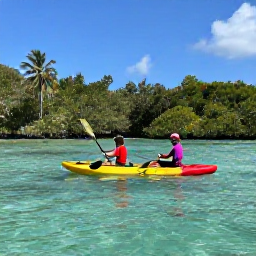 Caribbean Holidays, Dominican Family Holidays, Family kayaking in clear shallow Caribbean water near the Dominican Republic, gentle adventure, mangroves and lush tropical coastline