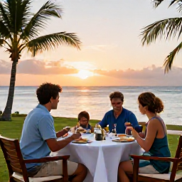 Caribbean Holidays, Dominican Family Holidays, Family sharing a relaxed outdoor dinner at a Caribbean resort in the Dominican Republic at sunset