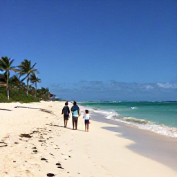 Caribbean Holidays, Dominican Family Holidays, Family walking along a wide white-sand beach with palm trees and turquoise water in Punta Cana, Dominican Republic