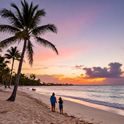 Caribbean Holidays, Dominican Family Holidays, Family watching a colourful sunset over a palm-fringed Dominican Republic beach