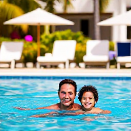 Caribbean Holidays, Dominican Family Holidays, Happy family relaxing beside a bright Caribbean swimming pool at a Dominican Republic resort in September