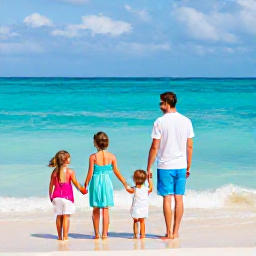 Caribbean Holidays, Dominican Family Holidays, Happy family relaxing beside a bright turquoise Caribbean sea at a Dominican Republic beach resort in October