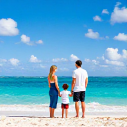Caribbean Holidays, Dominican Family Holidays, Happy family relaxing beside a bright turquoise Caribbean sea on a sunny Dominican Republic beach in February