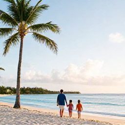Caribbean Holidays, Dominican Family Holidays, Happy family relaxing on a bright Caribbean beach in the Dominican Republic during August, palm trees, calm turquoise sea and soft morning light