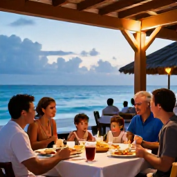 Caribbean Holidays, Dominican Family Holidays, Parents and children enjoying a relaxed evening meal at a welcoming beachfront restaurant in the Dominican Republic