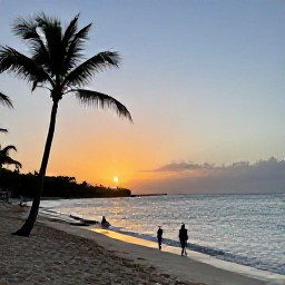 Caribbean Holidays, Dominican Family Holidays, Parents and children enjoying a safe sandy Dominican Republic beach at sunset, with palm trees and calm Caribbean water