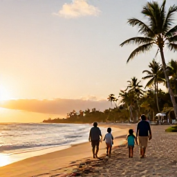 Caribbean Holidays, Dominican Family Holidays, Parents and children walking along a peaceful Dominican Republic beach at sunset with palm trees and warm golden light