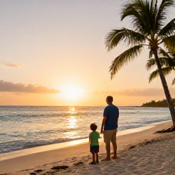 Caribbean Holidays, Dominican Family Holidays, Parents and children watching a golden sunset over a Dominican Republic beach, with calm sea, palm trees and a relaxed holiday atmosphere