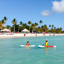 Caribbean Holidays, Dominican Family Holidays, Sunny family beach in Punta Cana, Dominican Republic, with children paddling in calm turquoise water and palm trees