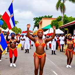 Caribbean Holidays, Dominican February, Colourful Dominican Republic carnival parade in February, with dancers in vibrant costumes, musicians, flags and lively Santo Domingo street atmosphere