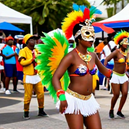 Caribbean Holidays, Dominican February, Colourful Dominican Republic street carnival with masked dancers, musicians and lively crowds in bright February sunshine