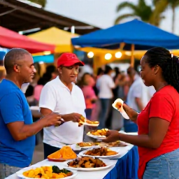 Caribbean Holidays, Dominican February, Friendly Dominican family serving traditional food at an outdoor market during a February cultural celebration, with colourful stalls and relaxed evening atmosphere
