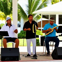 Caribbean Holidays, Dominican February, Friendly Dominican musicians playing merengue and bachata instruments at an outdoor February celebration