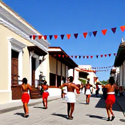 Caribbean Holidays, Dominican February, Santo Domingo cultural street scene during February Carnival, with dancers, colonial architecture, music and colourful decorations