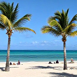 Caribbean Holidays, Dominican February, Sunny Dominican Republic beach in February with palm trees, turquoise Caribbean water and visitors relaxing beside the shore