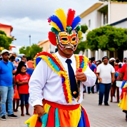 Caribbean Holidays, Dominican February, Traditional Dominican Carnival character in a busy town square, wearing an elaborate colourful mask and costume while families watch the parade