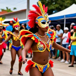 Caribbean Holidays, Dominican February, Traditional Dominican Carnival parade in La Vega with elaborate costumes, colourful masks, dancers and enthusiastic spectators