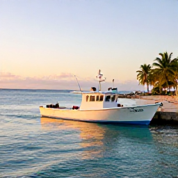 Caribbean Holidays, Dominican Fishing, A bright Caribbean fishing boat leaving a Dominican Republic marina at sunrise, calm turquoise water and palm-lined coast