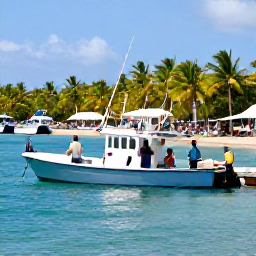 Caribbean Holidays, Dominican Fishing, A relaxed group of holidaymakers enjoying a fishing charter at a Dominican Republic marina, tropical palms and clear blue water