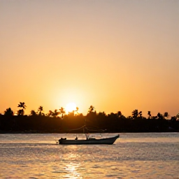 Caribbean Holidays, Dominican Fishing, A sunset over the Dominican Republic coast with a fishing boat returning to harbour, warm sky and palm silhouettes
