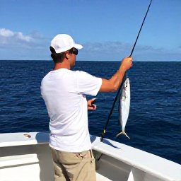 Caribbean Holidays, Dominican Fishing, Anglers on a well-equipped sport fishing boat reeling in a large fish in the deep blue Caribbean Sea off the Dominican Republic