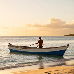 Caribbean Holidays, Dominican Fishing, Small traditional fishing boats near a peaceful Dominican Republic beach with a local fisherman and golden morning light