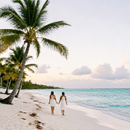 Caribbean Holidays, Dominican Honeymoons, A newlywed couple walking along a quiet white-sand beach at sunset in the Dominican Republic, palm trees and turquoise Caribbean water
