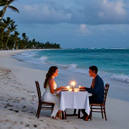 Caribbean Holidays, Dominican Honeymoons, Candlelit dinner for two on a quiet Dominican beach with gentle waves and tropical evening light