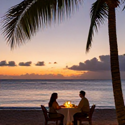 Caribbean Holidays, Dominican Honeymoons, Couple enjoying a candlelit dinner on a Dominican beach at sunset, tropical palms, calm sea and warm evening light