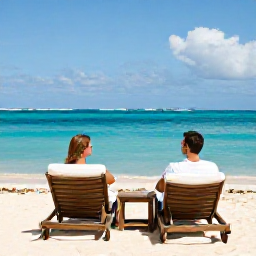 Caribbean Holidays, Dominican Honeymoons, Couple relaxing on comfortable sun loungers beside a turquoise Caribbean sea at a luxury resort in Punta Cana