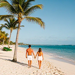 Caribbean Holidays, Dominican Honeymoons, Couple walking hand in hand along a palm-fringed white-sand beach in Punta Cana, Dominican Republic, warm July sunlight and turquoise sea