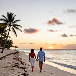Caribbean Holidays, Dominican Honeymoons, Couple walking hand in hand along a quiet white-sand beach at sunset in Punta Cana, Dominican Republic