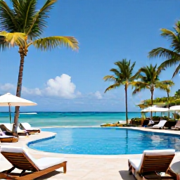 Caribbean Holidays, Dominican Honeymoons, Elegant adults-only beachfront resort in Punta Cana with palm trees, swimming pool and sun loungers