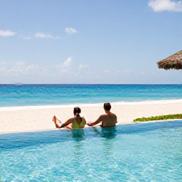 Caribbean Holidays, Dominican Honeymoons, Elegant beachfront resort in the Dominican Republic with a honeymoon couple relaxing beside an infinity pool overlooking the Caribbean Sea