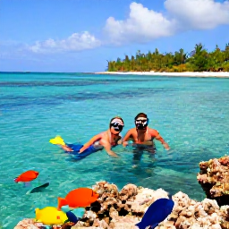 Caribbean Holidays, Dominican Honeymoons, Honeymoon couple snorkelling in clear Caribbean water near Saona Island, with bright fish, coral and a tropical shoreline in the background