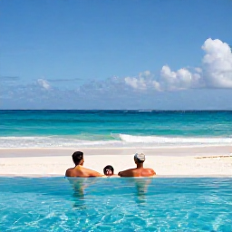 Caribbean Holidays, Dominican Honeymoons, Luxury beachfront resort in Punta Cana with a couple relaxing beside an infinity pool overlooking clear blue sea