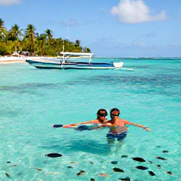 Caribbean Holidays, Dominican Honeymoons, Newlywed couple snorkelling in clear Caribbean water near Saona Island, with colourful fish, a traditional boat and palm-covered coastline