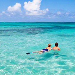 Caribbean Holidays, Dominican Honeymoons, Newlywed couple swimming and snorkelling in clear turquoise water near Saona Island, Dominican Republic