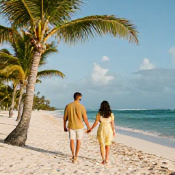 Caribbean Holidays, Dominican Honeymoons, Newlywed couple walking hand in hand along a palm-fringed white sand beach in Punta Cana, Dominican Republic, warm February sunshine