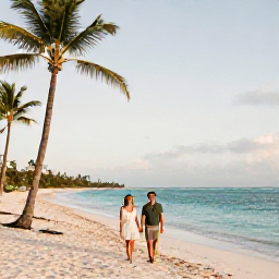 Caribbean Holidays, Dominican Honeymoons, Newlywed couple walking hand in hand along a quiet white-sand beach in Punta Cana at golden hour, palm trees and turquoise Caribbean water