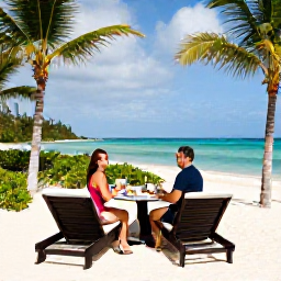 Caribbean Holidays, Dominican Honeymoons, Romantic beachfront resort in Punta Cana with private loungers, a couple dining beside the sea and tropical gardens in July