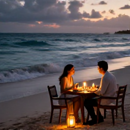 Caribbean Holidays, Dominican Honeymoons, Romantic candlelit dinner for two on a Dominican Republic beach at dusk, gentle waves and lanterns