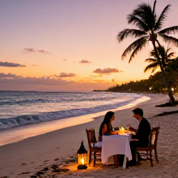 Caribbean Holidays, Dominican Honeymoons, Romantic candlelit dinner for two on a Dominican Republic beach at sunset, with lanterns, gentle waves and palm trees